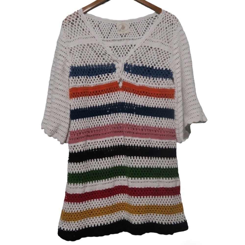 Muche et Muchette Crochet Dress Boho Striped Rainbow Beach Cover Up‎ V-neck OS